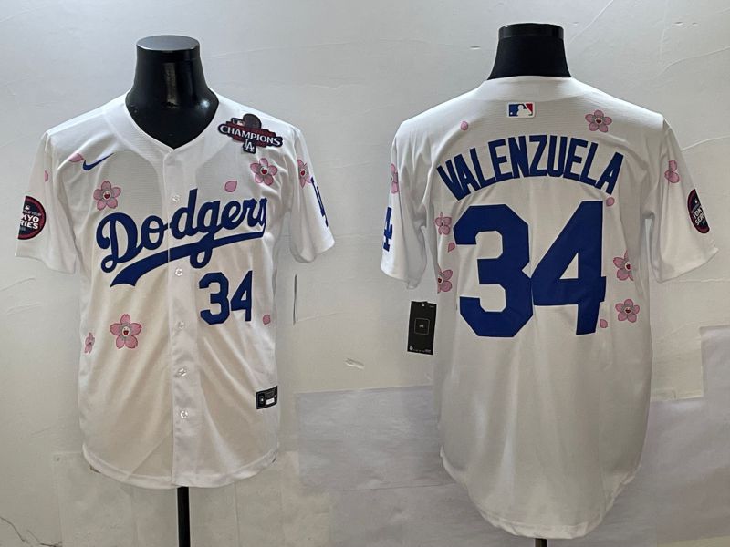 Men Los Angeles Dodgers #34 Valenzuela White Sakura Edition 2025 Nike MLB Jersey style 5